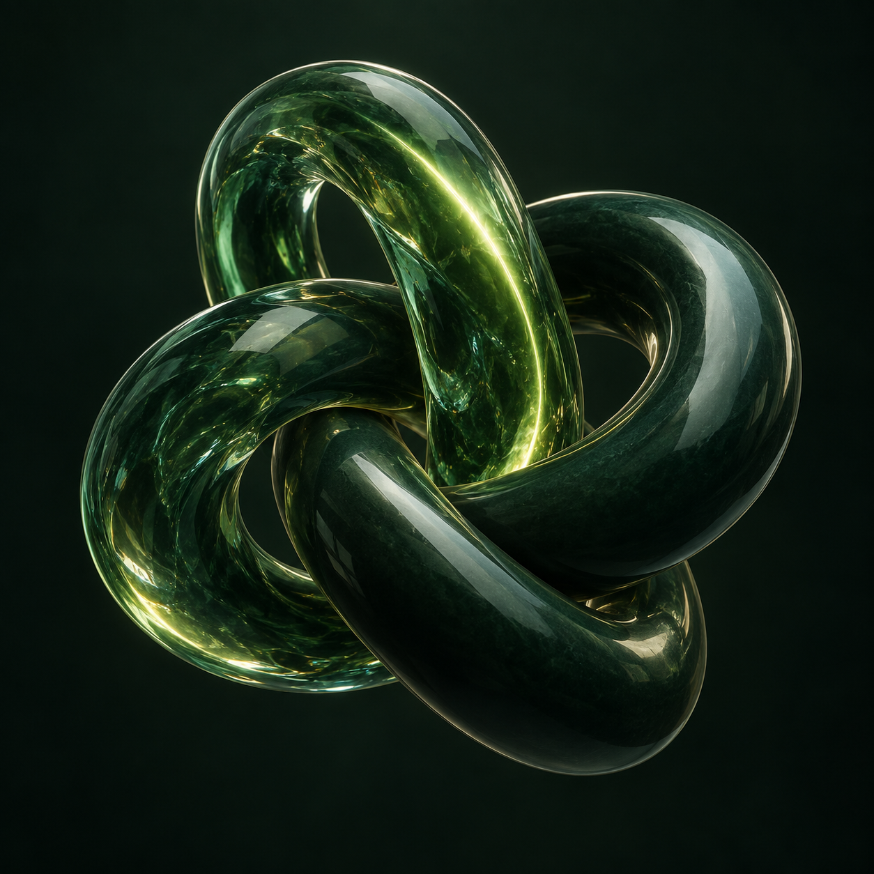 Escultura de vidro verde com formas entrelaçadas, representando a conexão entre sistemas, pessoas e inteligência artificial.